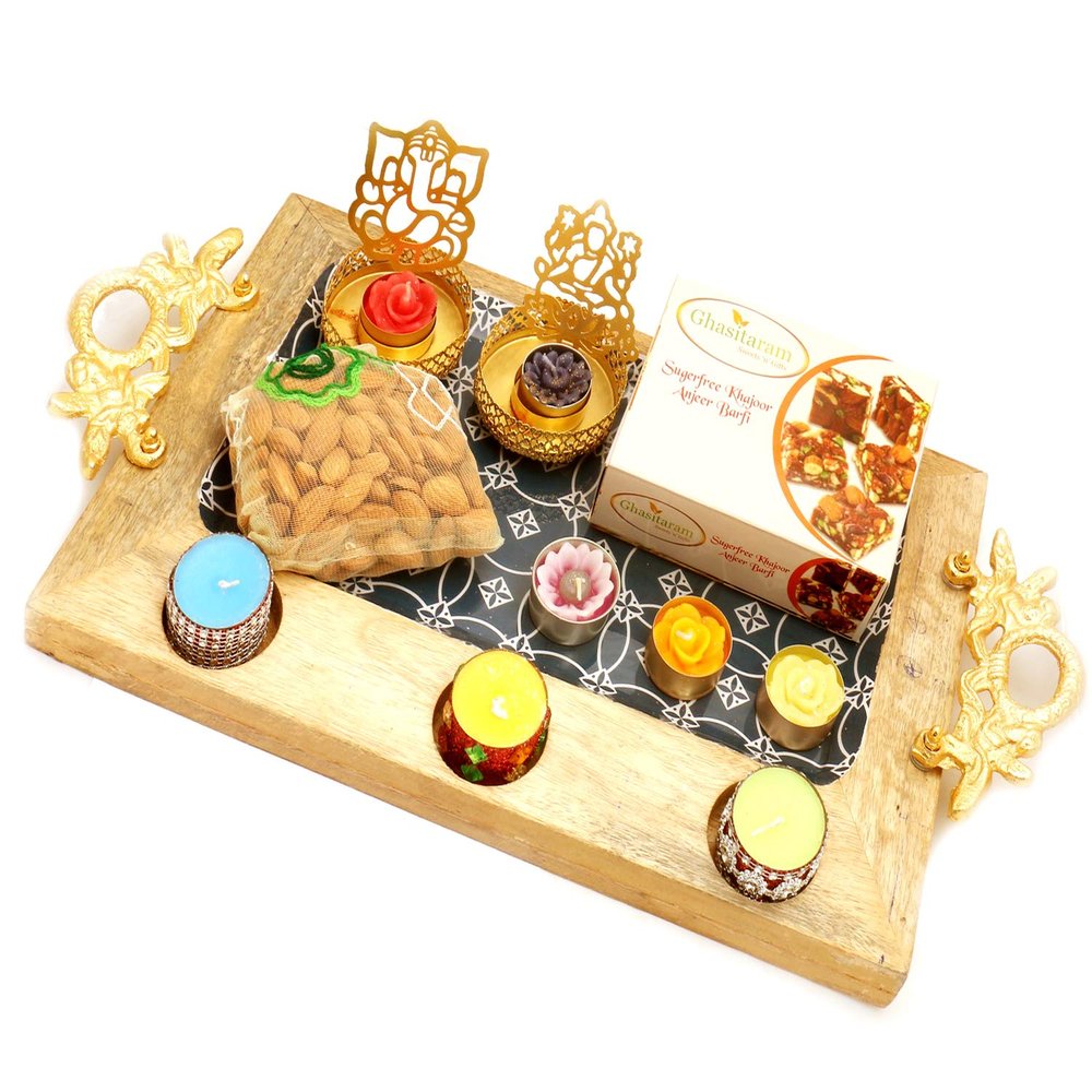 Ghasitaram Gifts Big Wooden Serving platter with Shadow Laxmi Ganesha T-lite, 6 t-lites, Sugarfree Mix & Almonds Pouch|Gift for Diwali,Holi,Valentine,Birthday,Anniversary,Gift for Her,Him,Mothers Day|