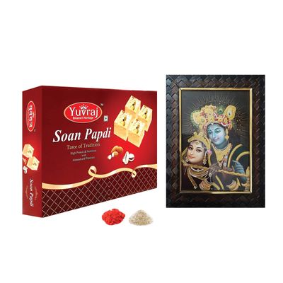 Yuvraj Food New year Gift Hamper of Radha Krishan Lord Frame Paper Gift Box with Soan Papadi 400gm
