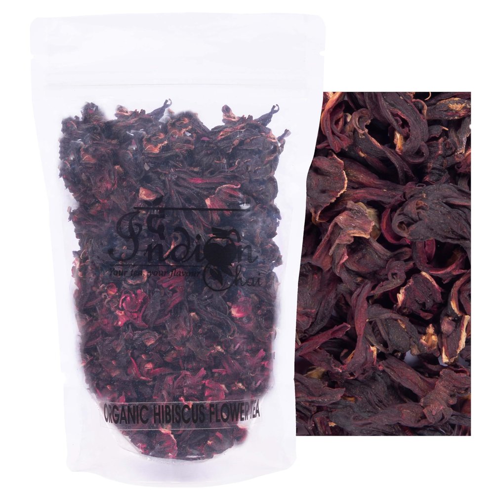 The Indian Chai - Organic Hibiscus Flower Tea 50 grams in Zipper Bag || Hibiscus Sabdariffa || Helps Lower Blood Sugar and Cholesterol || Cocktails, Mocktail & Syrups || Caffeine Free Herbal Tea