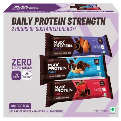 RiteBite Max Protein Daily Assorted Protein Bars with 10g Protein, 5g Fiber & 21 Vit. & Minerals | 0 Added Sugar, No Cholesterol & Trans Fat For Upto 2h of Energy, Healthy Snack, 50g (Pack of 6)