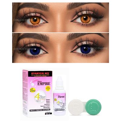 Choice Empire 2 Pair Monthly Colored Contact Lenses Zero Power with 30 ml Solution (Honey Dark Blue)