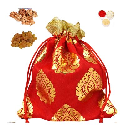 MANTOUSS Premium Bhiya Dooj/Bhai Dooj Gift Pack for Brother- Dry Fruit Red Designer Potli-Walnut+ Raisin (100gms) + Free Roli Chawal and Chandan