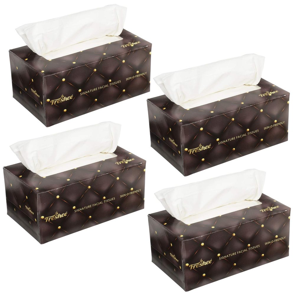 Freshee 200 Pulls 2 Ply Signature Facial Tissue Paper Box Pack Of 4, Hygienic Fresh Skin Friendly Water Dissolvable Disposable Dry Tissue Made With 100% Virgin Fibre