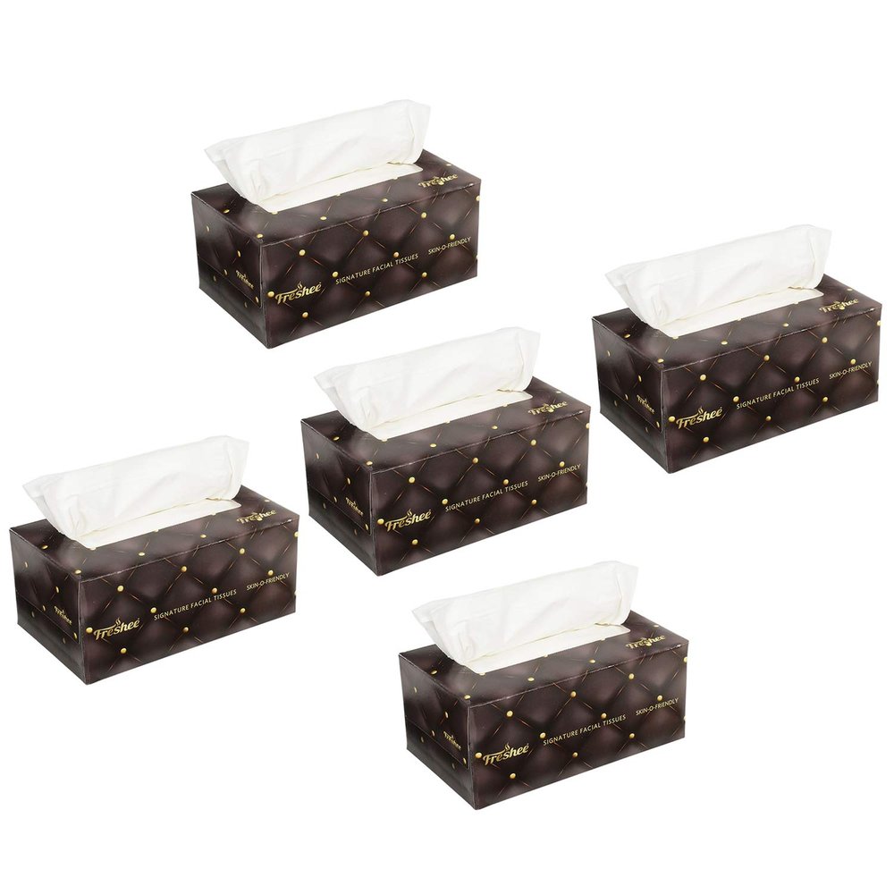 Freshee 200 Pulls 2 Ply Signature Facial Tissue Paper Box Pack Of 5, Hygienic Fresh Skin Friendly Water Dissolvable Disposable Dry Tissue Made With 100% Virgin Fibre