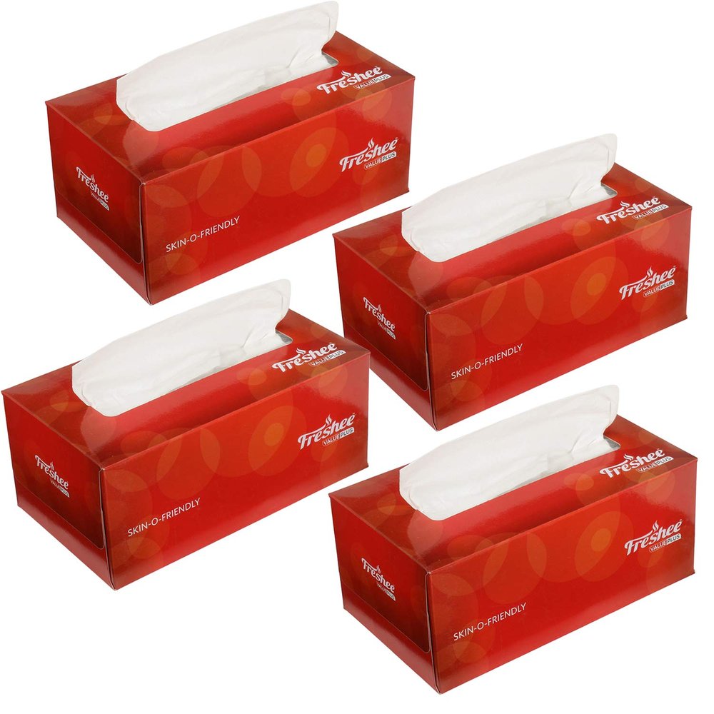 Freshee 200 Sheets 2 Ply Car Tissue Paper Box Pack Of 4, Extra Soft Hygienic Fresh Natural Skin Friendly Water Dissolvable Disposable Dry Tissue Made With 100% Virgin Fibre
