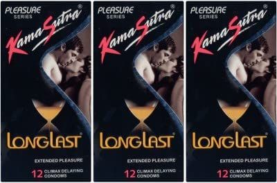 KamaSutra LongLast Condoms for Men | Climax Delaying Condoms with Dotted Texture | Made with Natural Rubber Latex | Lubricated Condoms | Pleasure Series | Pack of 3-12 Premium Condoms Each