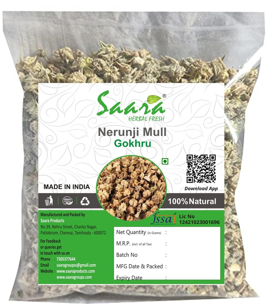 Saara HERBAL FRESH Nerunji Mull, 400g, Gokhru, Nerinjil, Cinnapalleru, Tribulus Terrestris, Neggilu Mullu Raw, (pack of 4 x 100g)