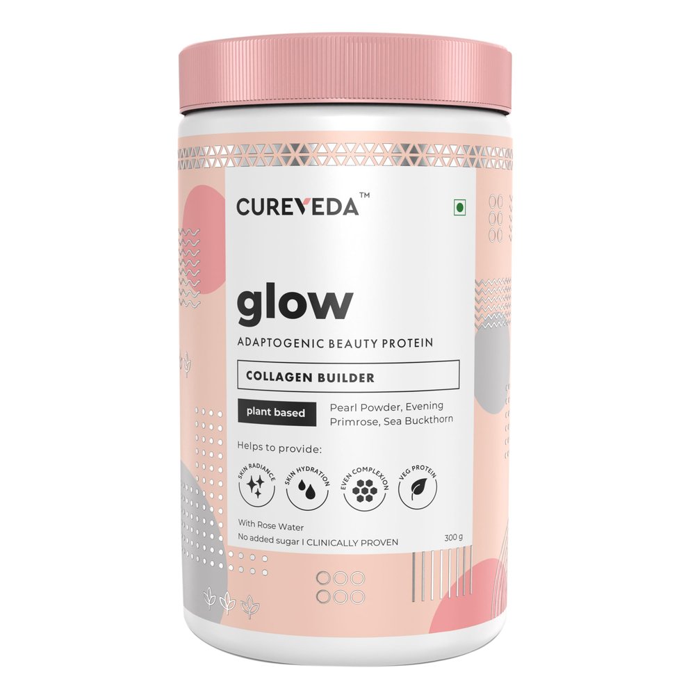 Cureveda Glow Veg Collagen Builder Powder (300g) for Brighter & Youthful Skin, Plant-Based Supplement with Rose Water, Veg Beauty Protein, Evening Primrose 100IU, No Added Sugar