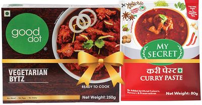 GoodDot Vegetarian Bytz & My Secret Curry Paste Combo | Plant-Based Meat Alternative | Mock meat - Ready-to-Cook | No Meat, No Egg, No Dairy | 330g (250g + 80g)