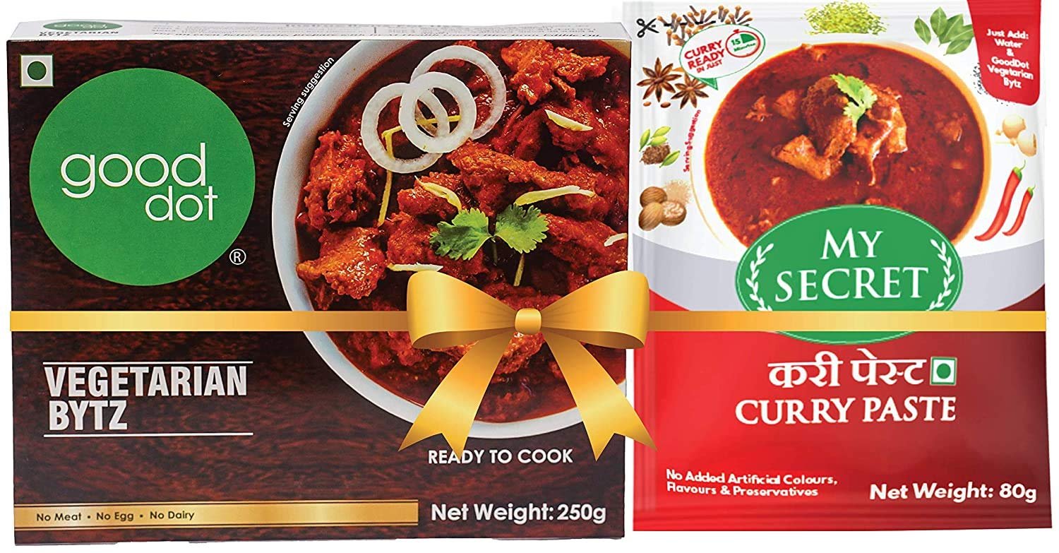 GoodDot Vegetarian Bytz & My Secret Curry Paste Combo | Plant-Based Meat Alternative | Mock meat - Ready-to-Cook | No Meat, No Egg, No Dairy | 330g (250g + 80g)