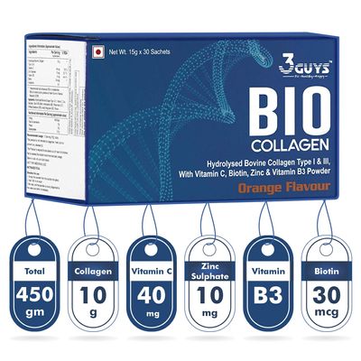 3 Guys Collagen Supplement for Skin, Hair, Nail, knee Joints and Bones. Hydrolyzed Collagen Peptides Type 1 & 3 with Biotin, Vitamin C & B1, Zinc Orange Flavor, No Smell (15 G X 30 Sachet), 450 g