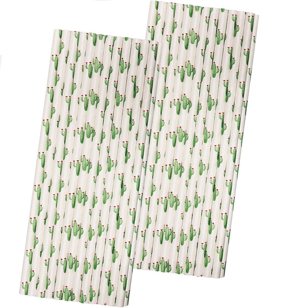 Cactus Themed Paper Straws - Green White Succulents - 50 Pack