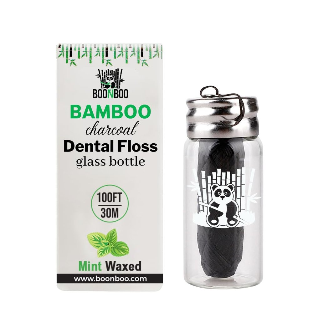 Boonboo Dental Floss | 33 yards/30m Bamboo Fiber With Activated Charcoal | Glass Bottle & Cutting Lid | Candelilla Wax & Mint Flavor | Biodegradable & Sustainable | Plastic- Free