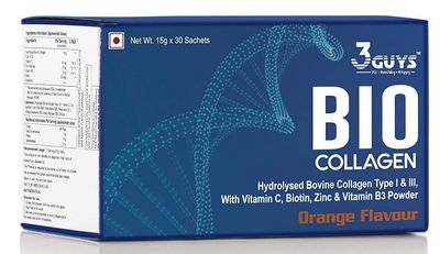 3 Guys Collagen Powder Supplement for Skin, Hair, Nails, Joints and Bones.Collagen Peptides Type 1 & Type 3 with Biotin, Vitamin C 15 gm X 30 Nos sachet, Orange Flavored, No Smell (Buy1 Get1 Free)