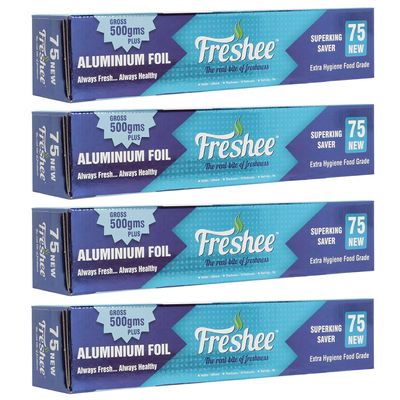 Freshee Aluminium Silver Kitchen Foil Roll 28mtrs, Pack of 4 11 Micron Thick, Food wrap, Disposable, Food Parcel, Fresh Food