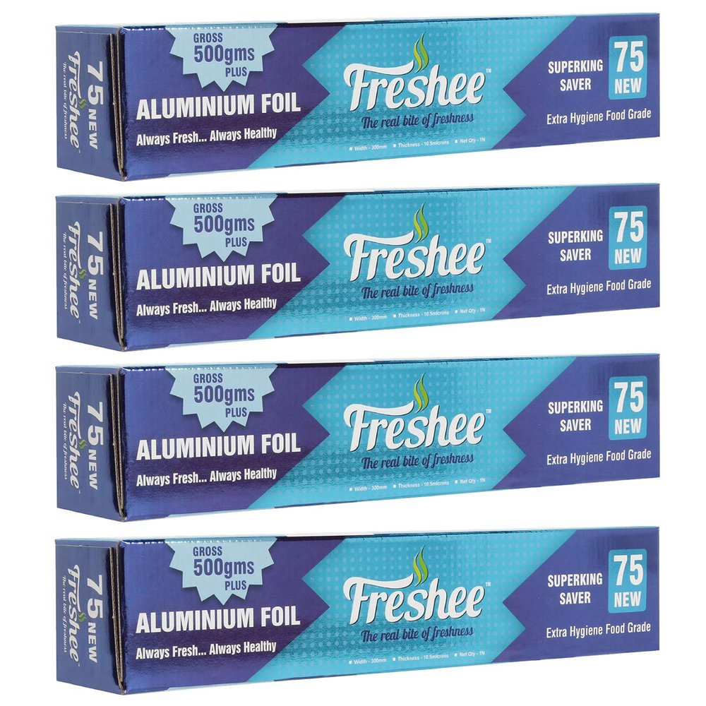 Freshee Aluminium Silver Kitchen Foil Roll 28mtrs, Pack of 4 11 Micron Thick, Food wrap, Disposable, Food Parcel, Fresh Food