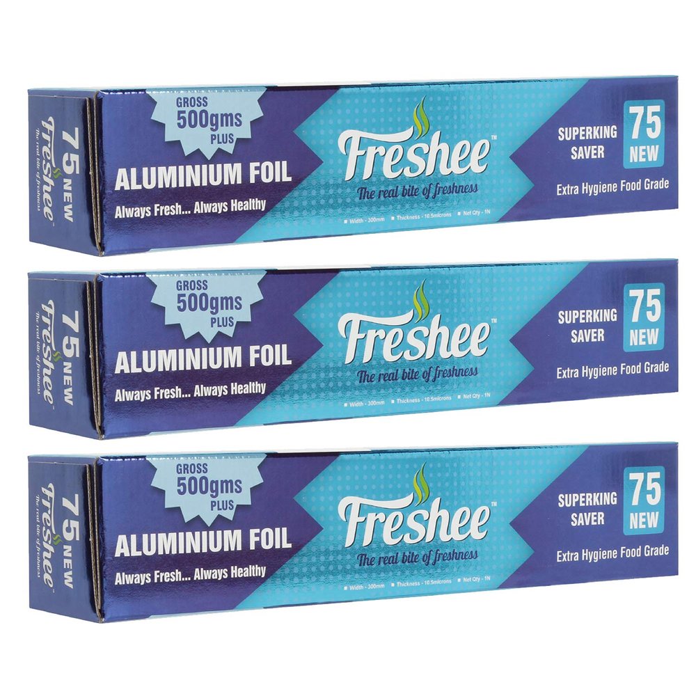 Freshee Aluminium Silver Kitchen Foil Roll 28mtrs, Pack of 3 11 Micron Thick, Food wrap, Disposable, Food Parcel, Fresh Food