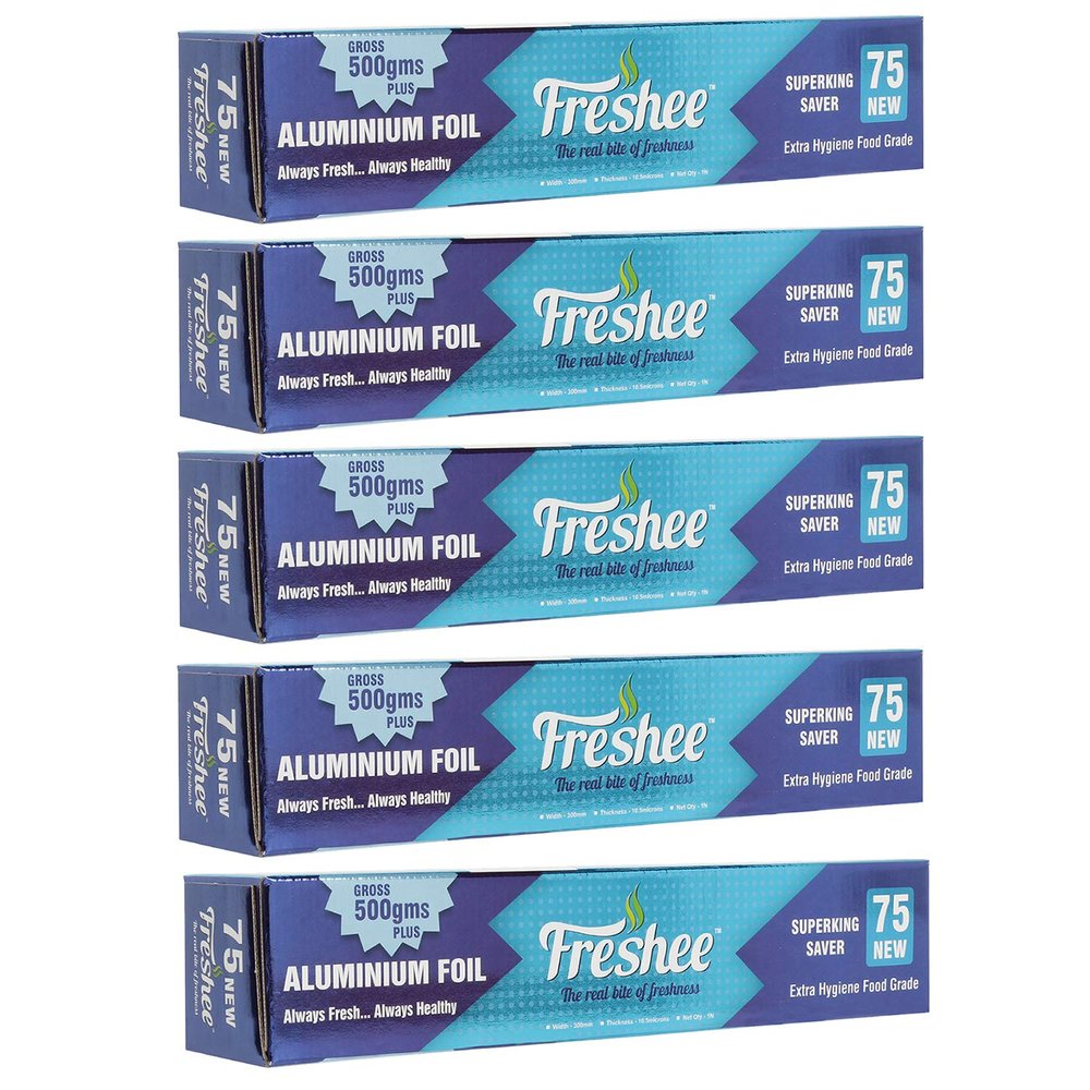 Freshee Aluminium Silver Kitchen Foil Roll 28mtrs, Pack of 5 11 Micron Thick, Food wrap, Disposable, Food Parcel, Fresh Food