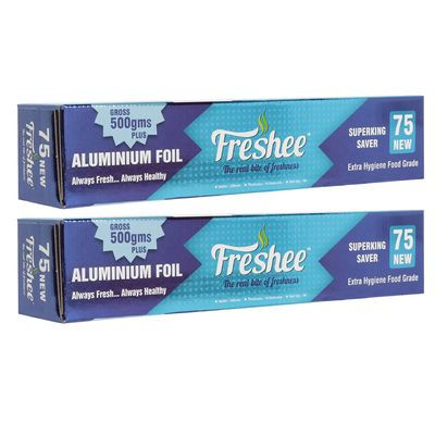 Freshee 500gm Aluminium Silver Kitchen Foil Roll, 11 Micron Thick Disposable Food wrap Foil for Food Parcel Keeps Food Fresh (Pack of 2)
