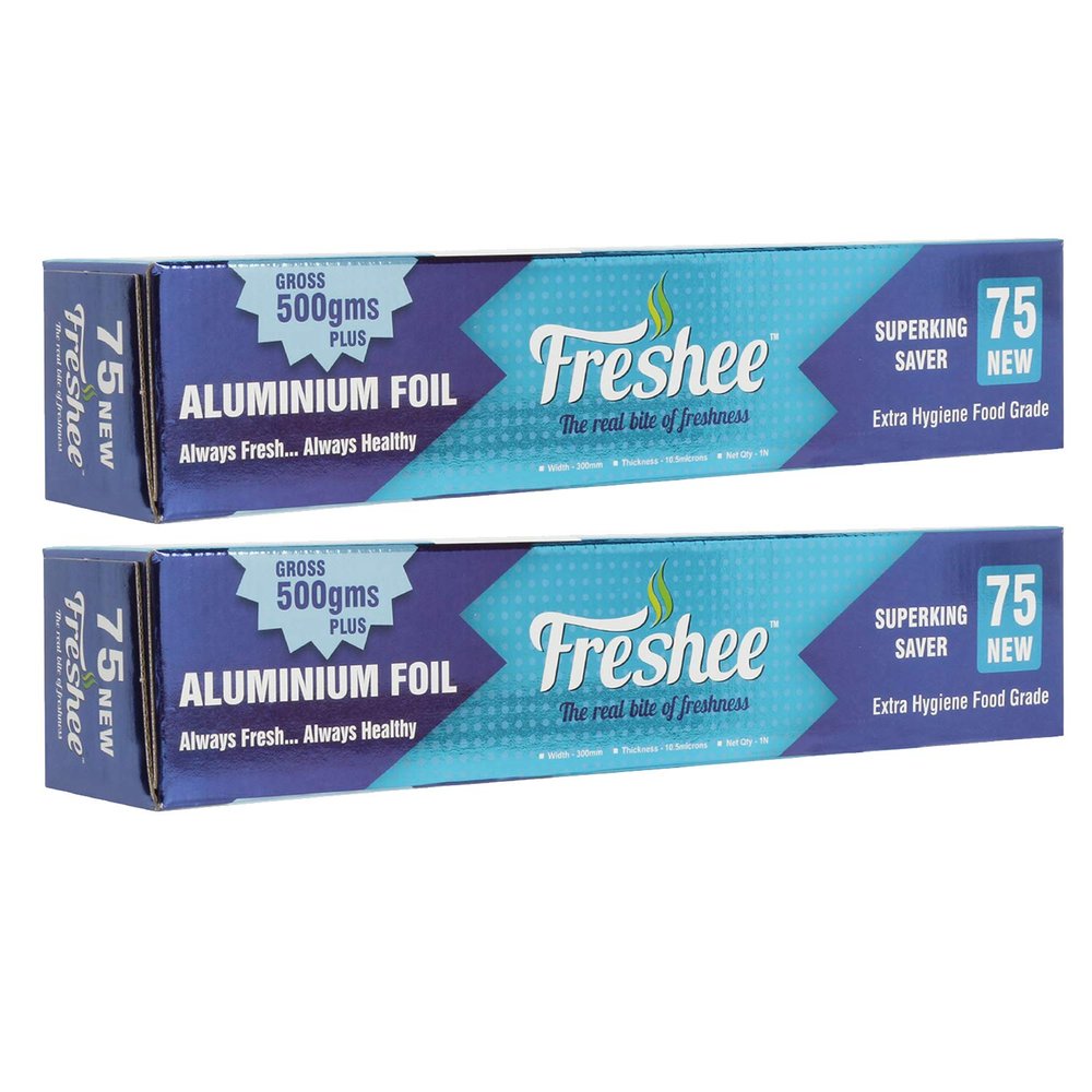 Freshee 500gm Aluminium Silver Kitchen Foil Roll, 11 Micron Thick Disposable Food wrap Foil for Food Parcel Keeps Food Fresh (Pack of 2)