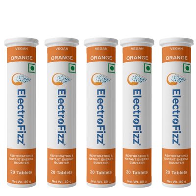 ElectroFizz Electrolyte Instant Energy and Hydration Sports Drink -100 Effervescent Tablets (Pack of 5 tubes) (Orange)