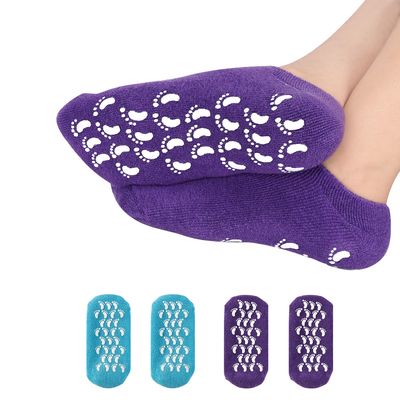(4PC) Heel Spa Socks,Moisturizing Socks, Soft Gel Socks Inner Lining Infused with Essential Oils and Lotions -Best for Rough Calluses,Cracked Heel,Soften Dry feet/ (Blue & Purple) for Women & Men.