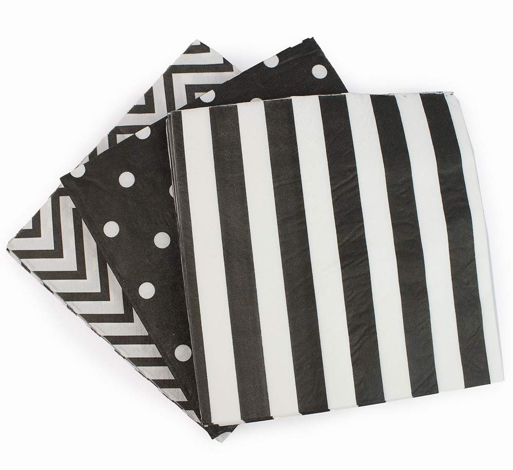 Paper Napkins White Black, Decorative Dinner Luncheon Napkins for Party Events 60count, Folded 6.5 x 6.5, Unfolded 13 x 13