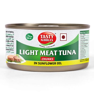 Tasty Nibbles Light Meat Tuna Chunks, Water, Salt, Sunflower Oil, 185 gram