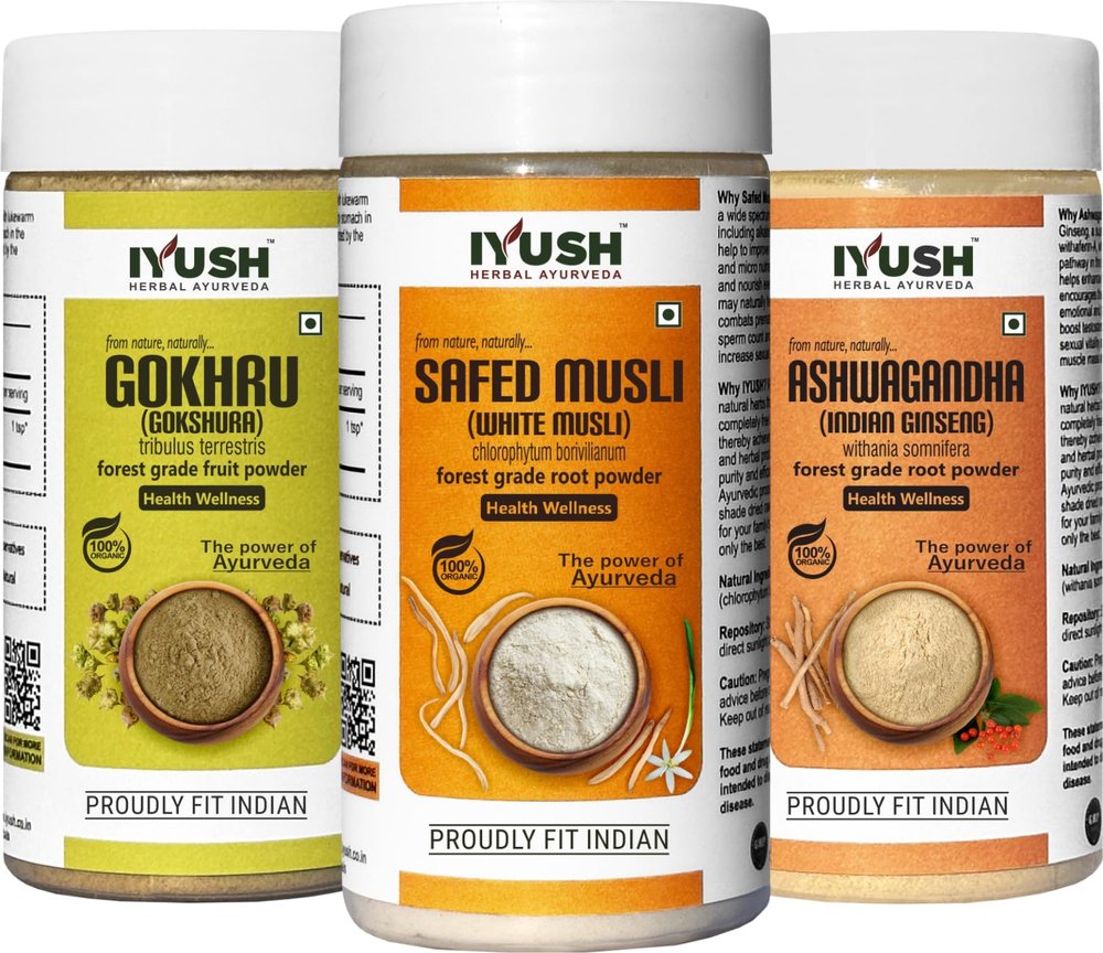 IYUSH Herbal Ayurveda Gokshura Ashwagandha Safed Musli powder (Pack of 3) - 100gm