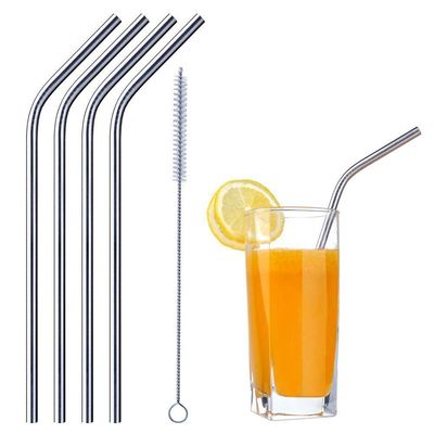 Diniva Reusable Stainless Steel Drinking Straws, Safe & Hygenic (4 Bend, 1 Cleaning Brush)- Silver