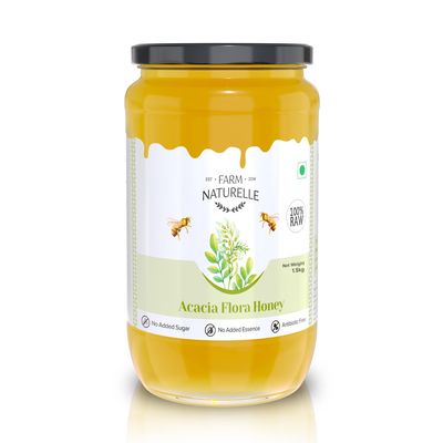 Farm Naturelle-Acacia Flower Wild Forest Honey| 1500gm and a Wooden Spoon| 100% Pure Honey, Raw Natural Un-Processed - Un-Heated Honey | Lab Tested in Glass Bottle.