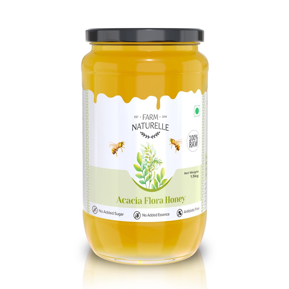 Farm Naturelle-Acacia Flower Wild Forest Honey| 1500gm and a Wooden Spoon| 100% Pure Honey, Raw Natural Un-Processed - Un-Heated Honey | Lab Tested in Glass Bottle.