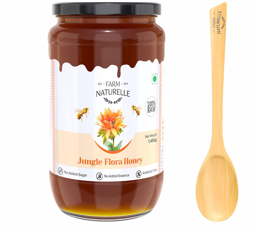 Farm Naturelle-Jungle Flower Wild Forest Honey | 100% Pure Honey | 1450 gm and a Wooden Spoon | Raw Natural Un-Processed Honey - Un-Heated Honey | Natural Honey with Lab Tested.