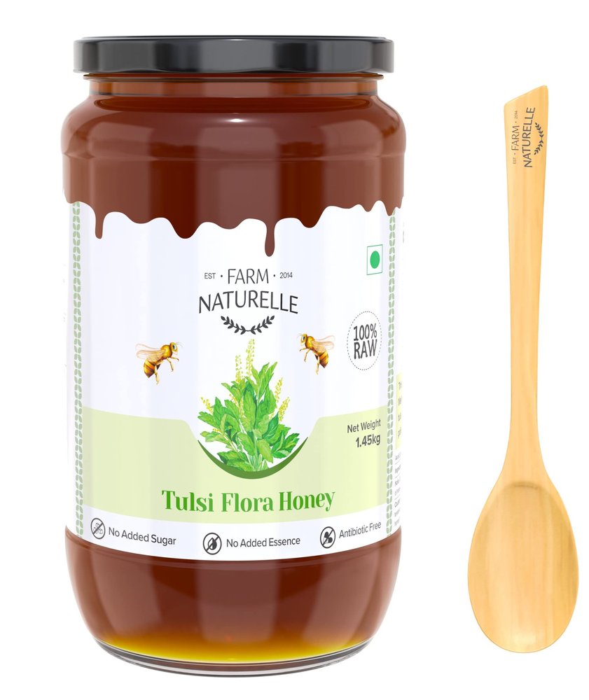 Farm Naturelle Raw Tulsi Honey 1500g| Glass Bottle | 100% Pure Unprocessed & Natural Honey | Ayurvedic & Rich in Vitamins and Minerals | Helps Boost Immunity