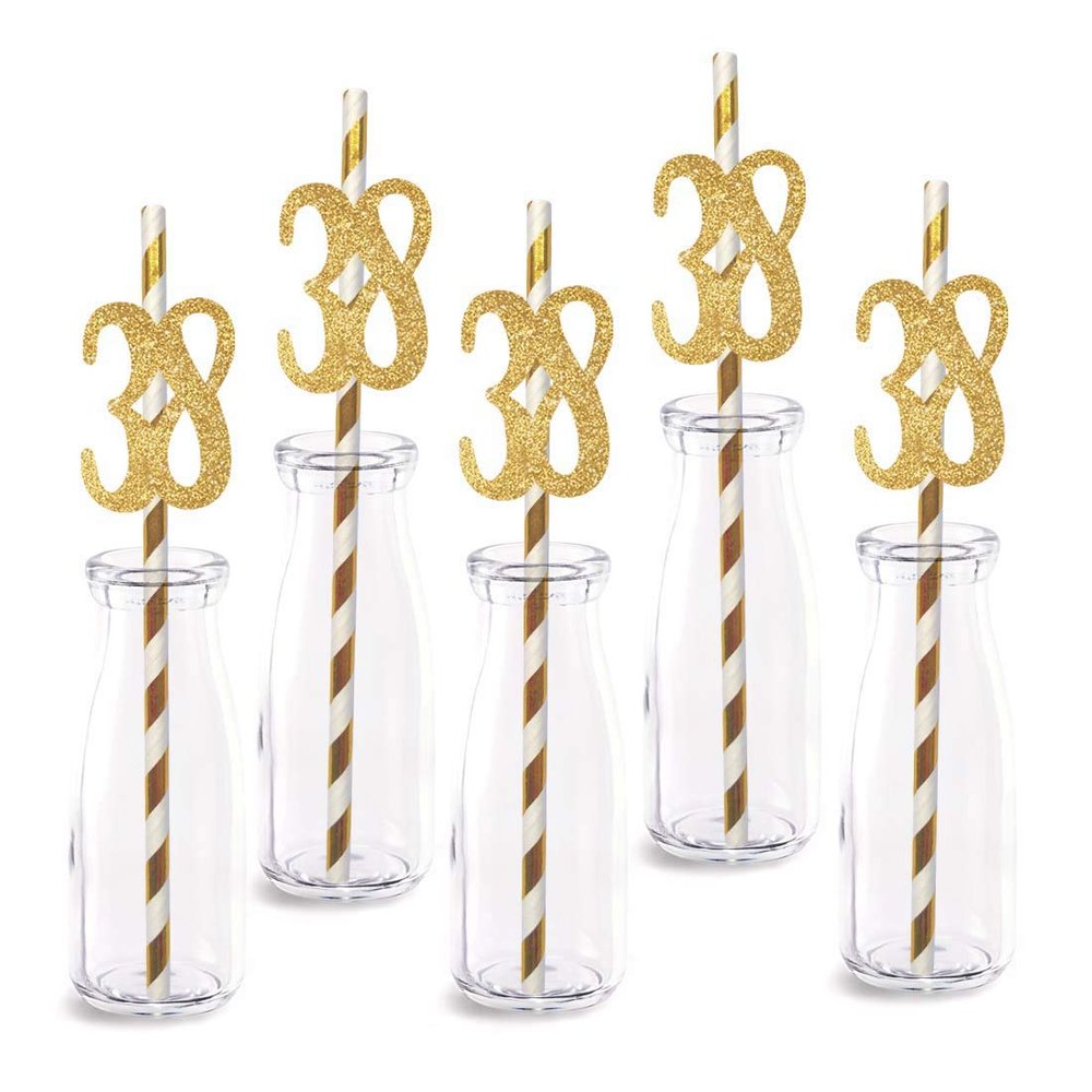 38th Birthday Paper Straw Decor, 24-Pack Real Gold Glitter Cut-Out Numbers Happy 38 Years Party Decorative Straws