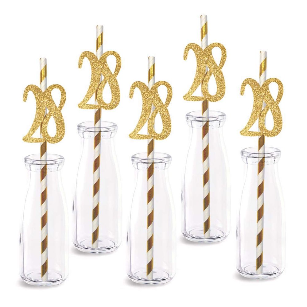 28th Birthday Paper Straw Decor, 24-Pack Real Gold Glitter Cut-Out Numbers Happy 28 Years Party Decorative Straws