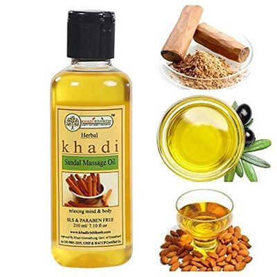 Khadi Rishikesh Herbal Sandal Body oil For Full body Massage,Reduce body pain, Relaxing Mind & body -Skin lightening,glowing,ayurvedic massage oil,combo set pack of 2 x 210 ml(420 ml