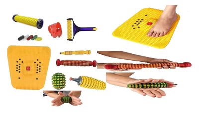 ACi Acupressure Wooden Foot Roller Kit Accupressure Magnetic Stress Mat Combo Kit (Set Of 9) Multicolour