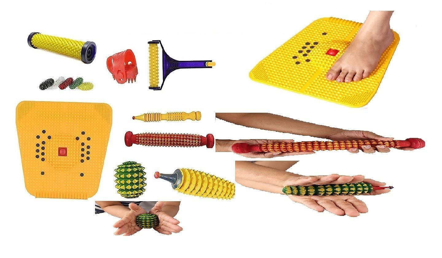 ACi Acupressure Wooden Foot Roller Kit Accupressure Magnetic Stress Mat Combo Kit (Set Of 9) Multicolour