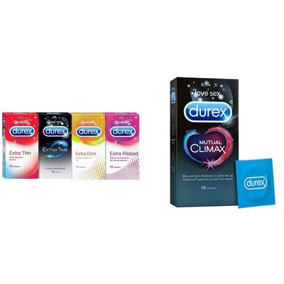 Durex 10 Count Condoms - Extra Thin, Ribbed, Dotted, Time & Mutual Climax (Pack of 4) with Lubrication