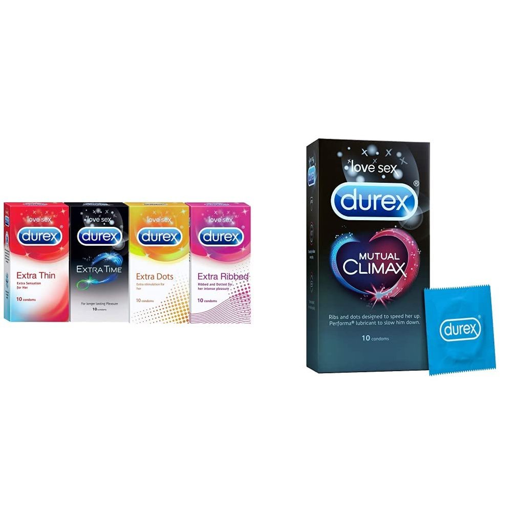 Durex 10 Count Condoms - Extra Thin, Ribbed, Dotted, Time & Mutual Climax (Pack of 4) with Lubrication