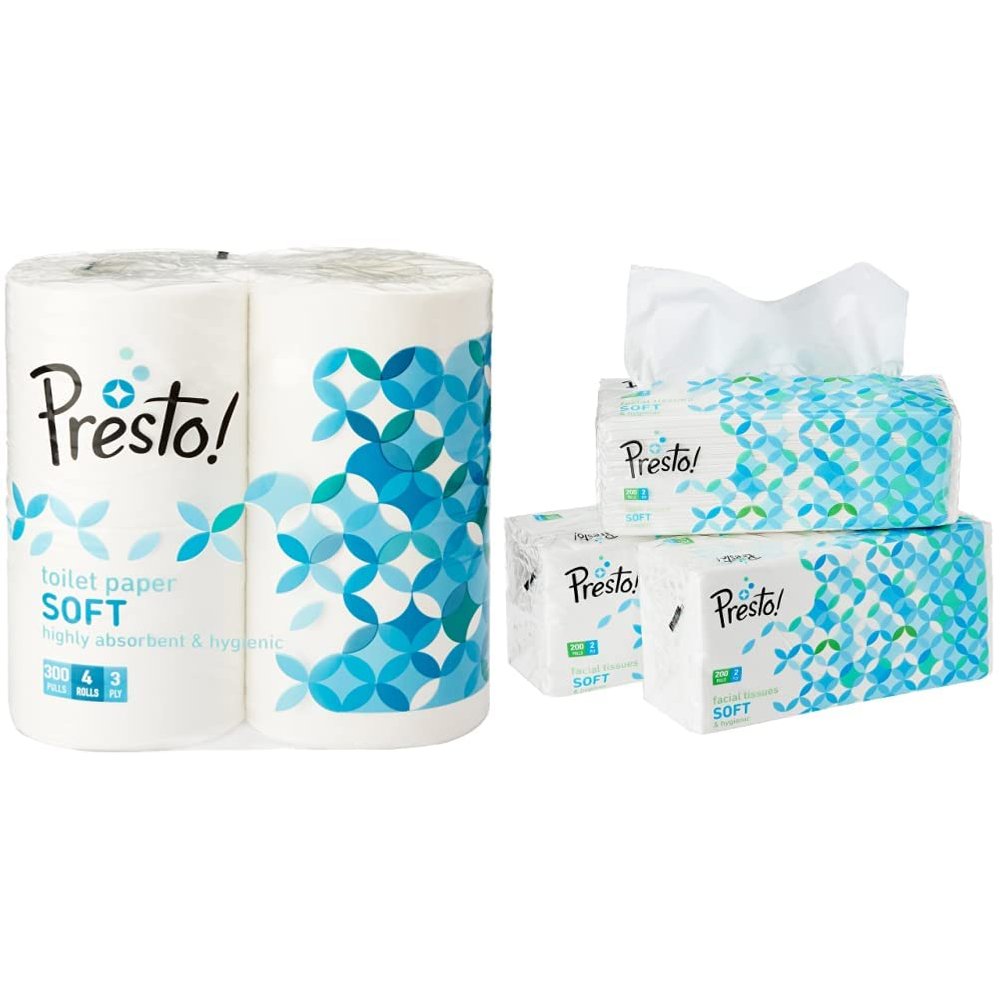 Amazon Brand - Presto! 3 Ply Toilet Paper - 4 Rolls (300 Sheets Per Roll) & 2 Ply Facial Tissue Soft Pack - 200 Pulls (Pack of 3)