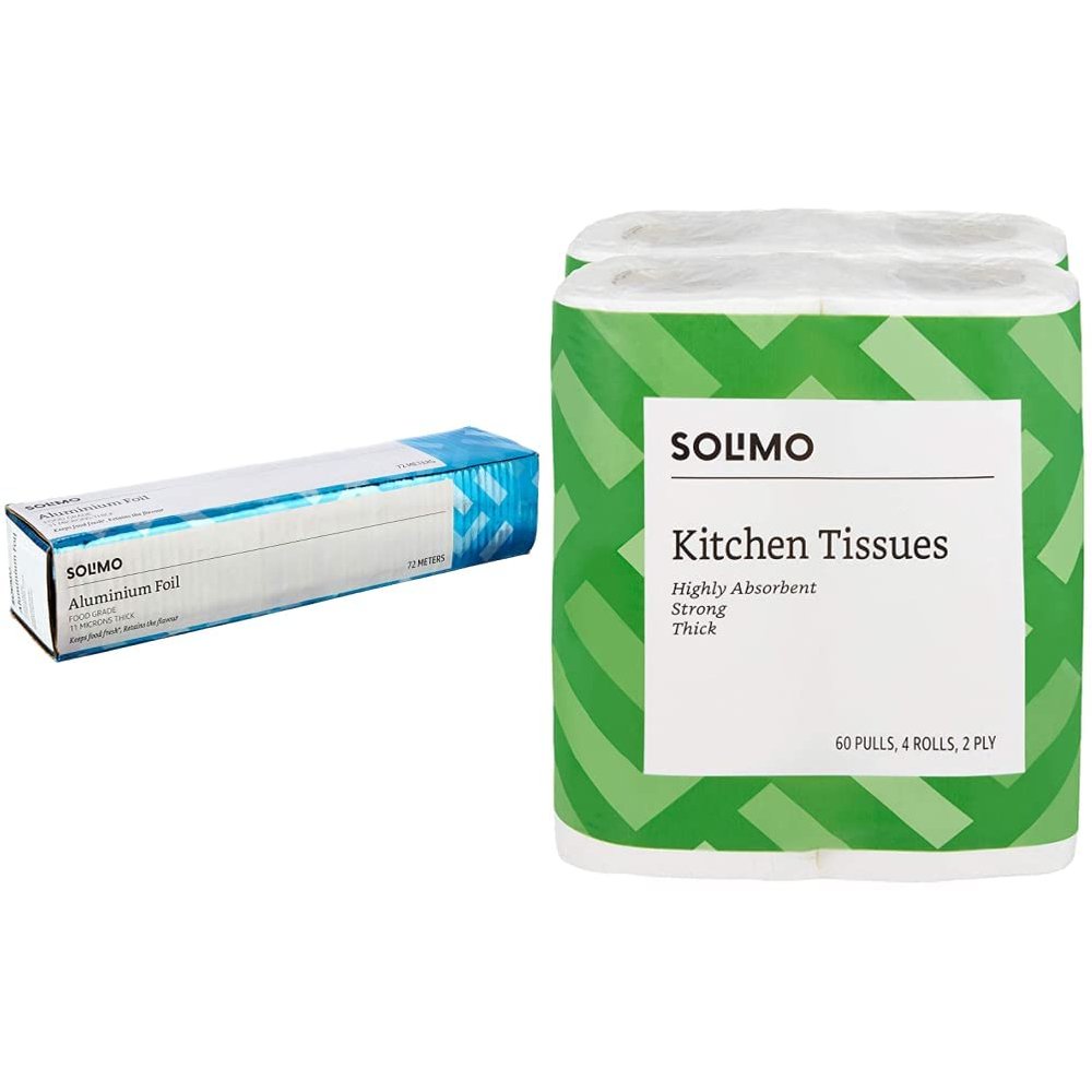 Amazon Brand - Solimo Aluminium Foil (72 M, 11 Microns) & 2 Ply Kitchen Tissue Paper - 4 Rolls (60 Pulls Per Roll)