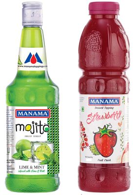 Manama Lime and Mint Mojito Syrup For Mocktails and Strawberry Crush Topping For Cakes, Ice Creams and MAking Thick Shakes, 750ML Each, Pack of 2