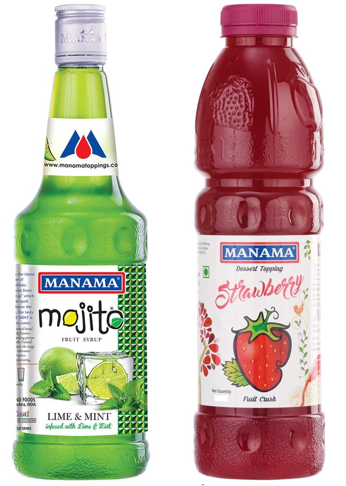 Manama Lime and Mint Mojito Syrup For Mocktails and Strawberry Crush Topping For Cakes, Ice Creams and MAking Thick Shakes, 750ML Each, Pack of 2