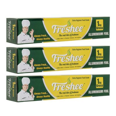 Freshee Disposable 1kg Gross Aluminium Silver Kitchen Foil Roll, Pack of 3, 18 Micron Thick Food wrap for Food Parcel Delivery and Takeout