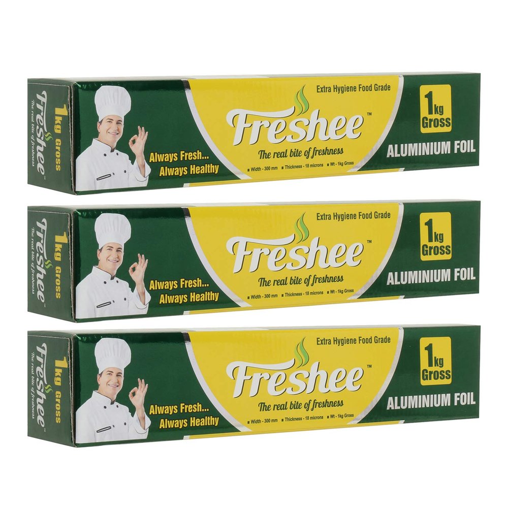 Freshee Disposable 1kg Gross Aluminium Silver Kitchen Foil Roll, Pack of 3, 18 Micron Thick Food wrap for Food Parcel Delivery and Takeout