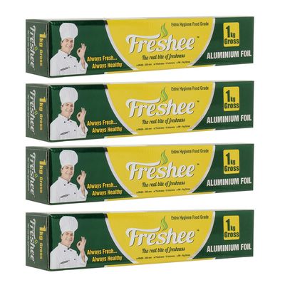 Freshee Disposable 1kg Gross Aluminium Silver Kitchen Foil Roll Pack of 4, 18 Micron Thick Food wrap for Food Parcel Delivery and Takeout