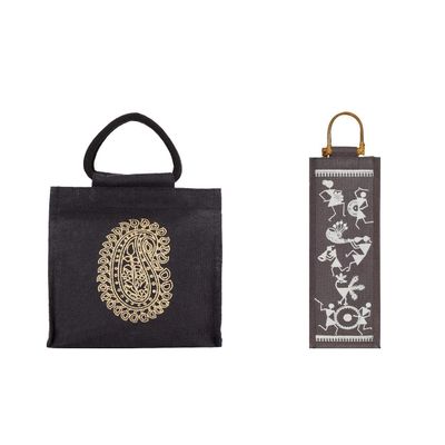 Jute Cottage Jute Bag Combo Handcrafted Stylish Unisex Multi-Purpose Zipper Mango Motif Lunch bag & Warli Print 1 Water Bottle Jute Bag Combo Pack