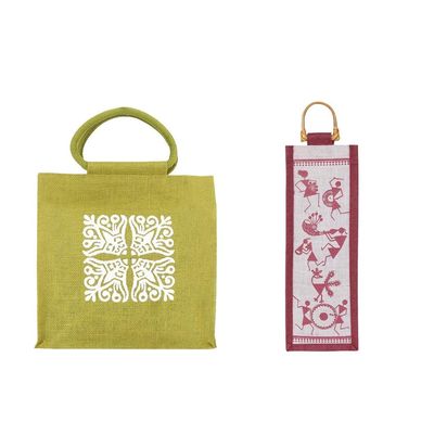 Jute Cottage Eco Friendly Handcrafted Stylish Multi-Purpose Zipper Motif lunch bag & Warli Print 1 Water Bottle Jute Bag Combo Pack.